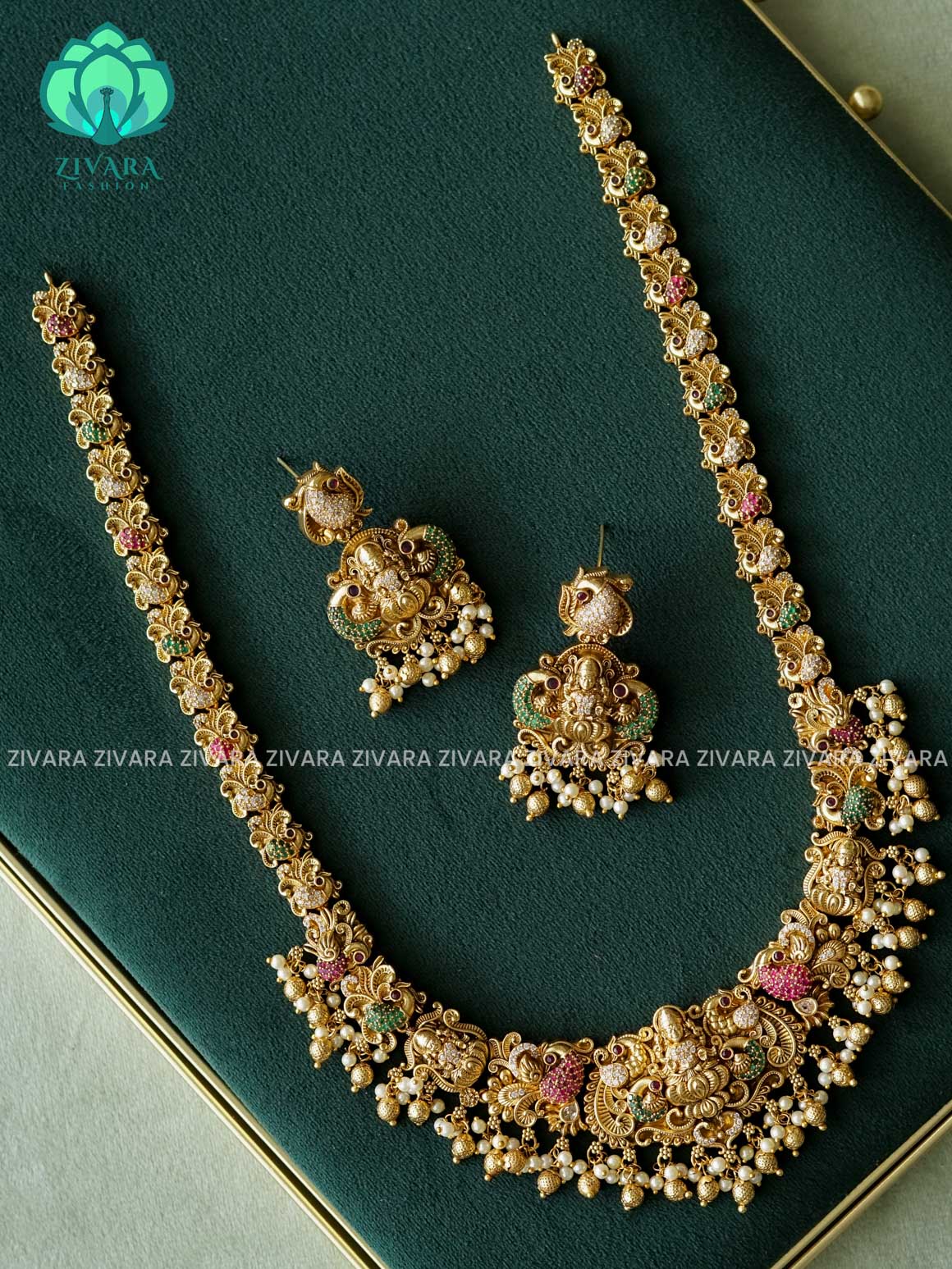 TEMPLE HAARAM WITH HANGINGS - Traditional PREMIUM MATTE polish MIDCHEST haaram/neckwear with earrings- Zivara Fashion