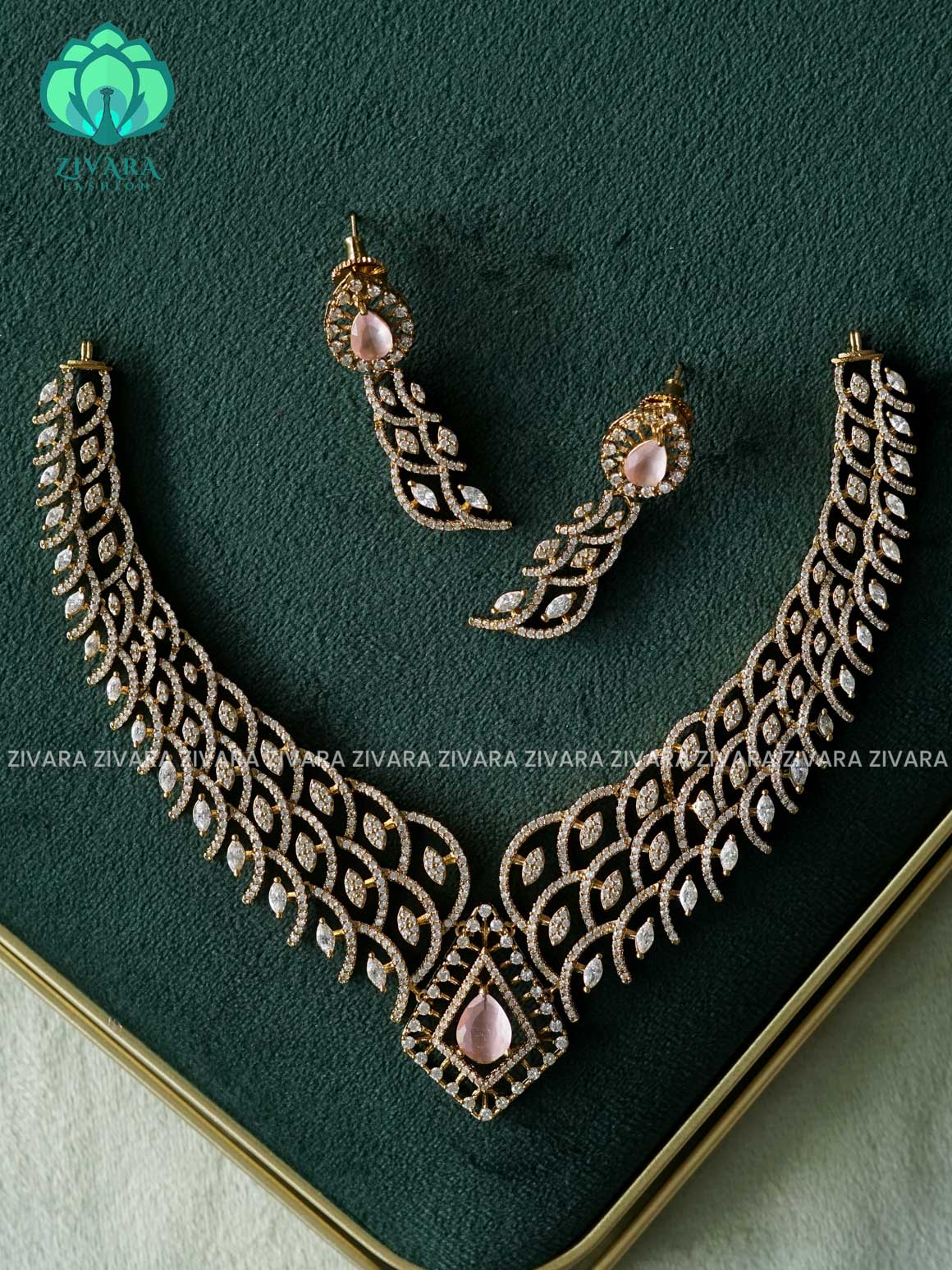 PASTEL PINK STONE BRIDAL NECKWEAR - stylish and minimal elegant neckwear with earrings- Zivara Fashion