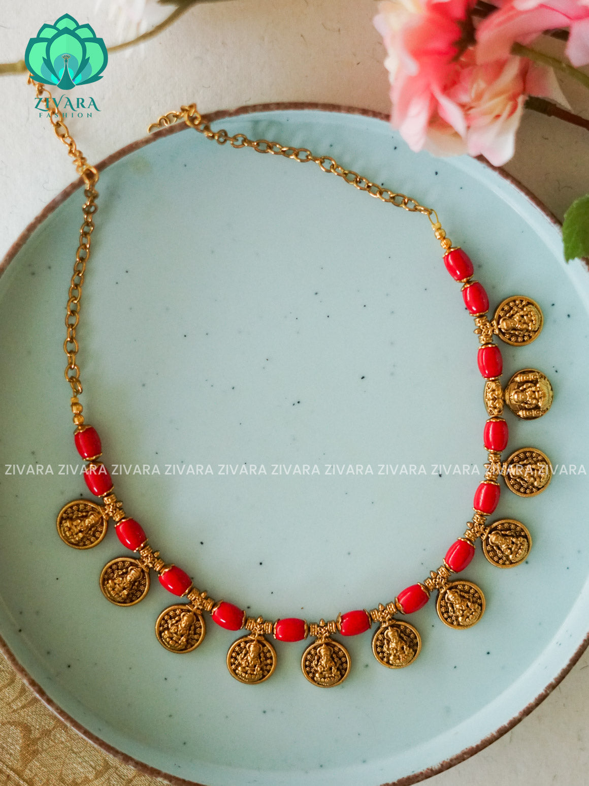 Coral vintage finish coin  -Traditional south indian premium neckwear with earrings- Zivara Fashion- latest jewellery design