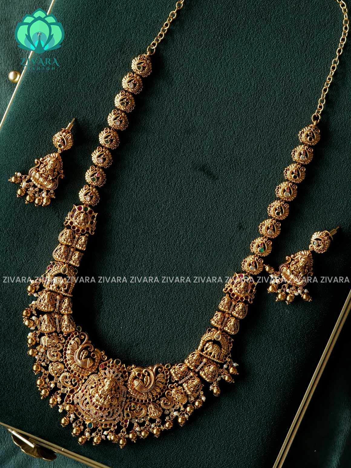 GRAND BRIDAL LAKSHMI WITH PEACOCK HAARAM - Traditional PREMIUM MATTE polish MIDCHEST haaram/neckwear with earrings- Zivara Fashion