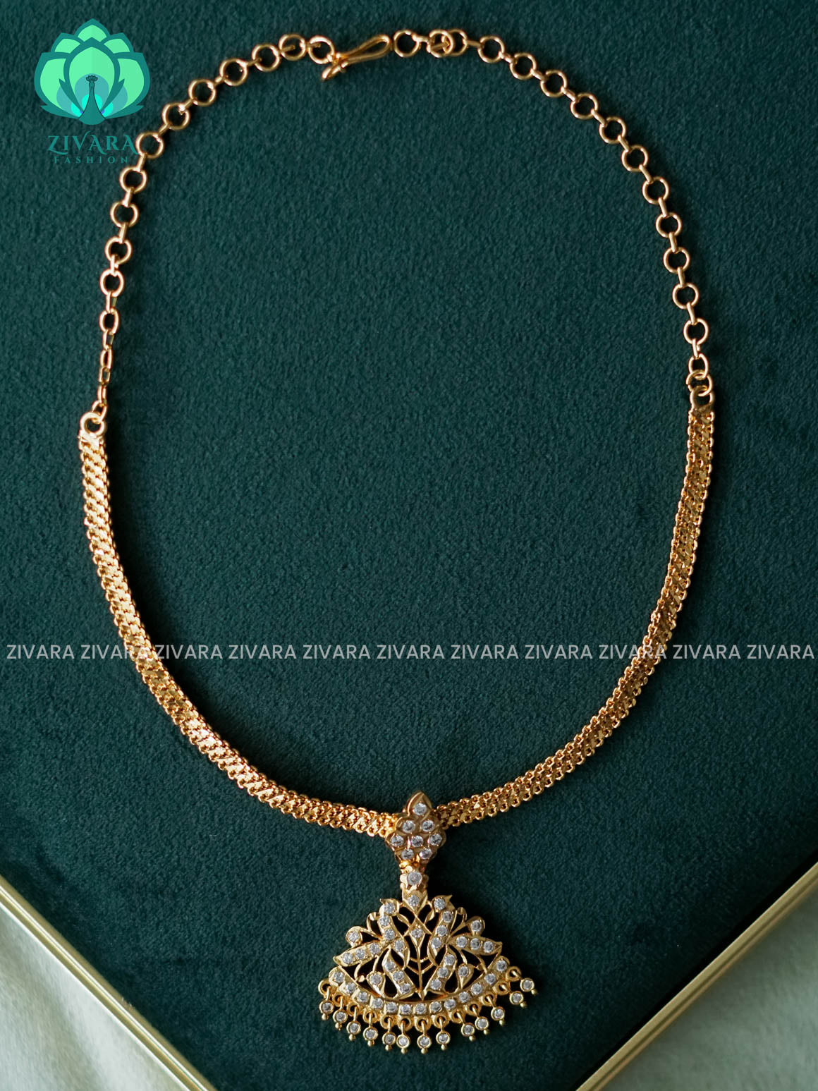 AMBIGAI-  WHITE STONE PEACOCK MOTIF  MICROGOLD POLISH FLEXIBLE CHAIN  ATTIGAI - Zivara Fashion- latest jewellery design