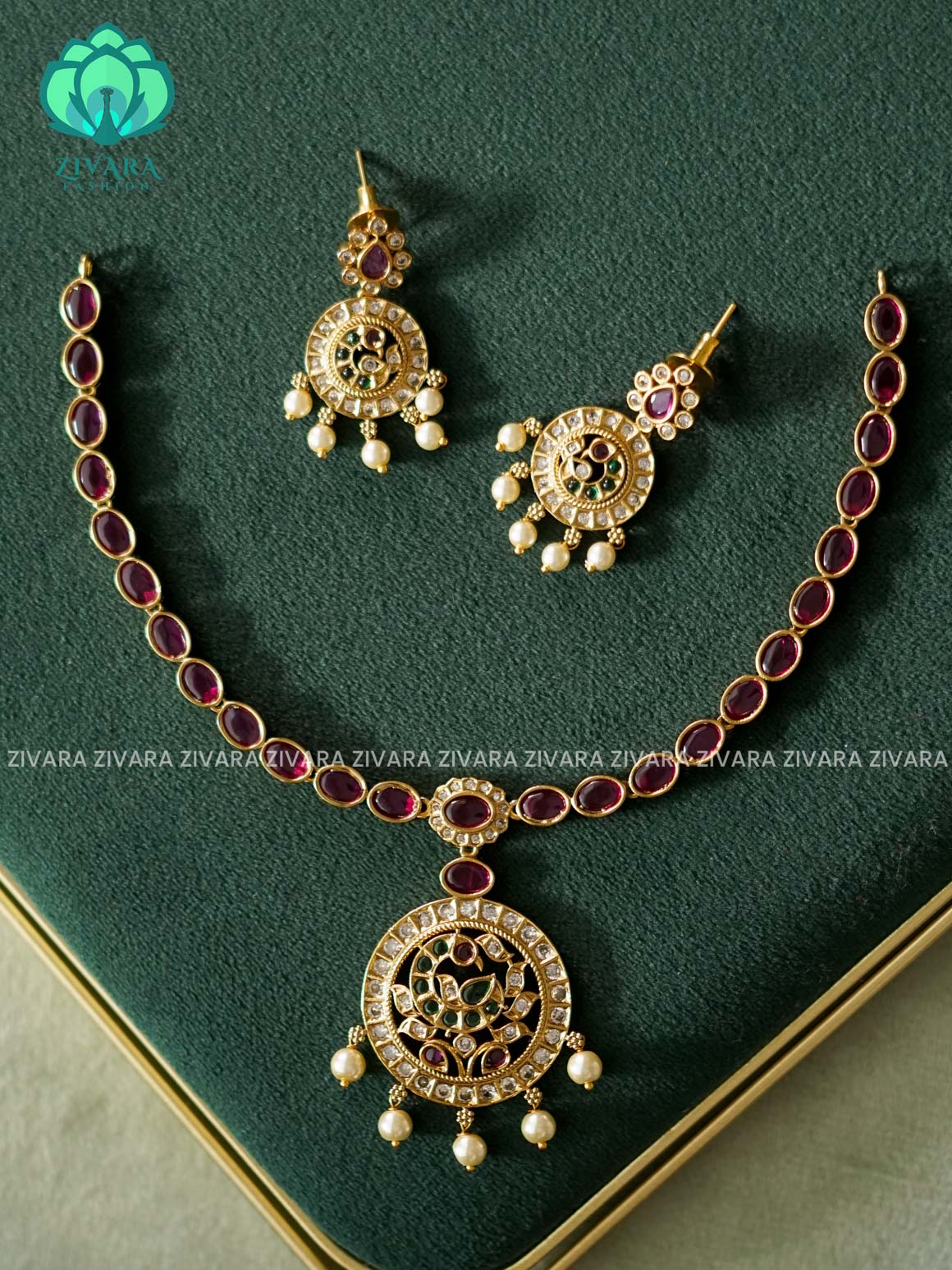 REAL KEMP PEACOCK PENDANT  - FLEXIBLE CHAIN WITH HANGING -Traditional south indian premium neckwear with earrings- Zivara Fashion- latest jewellery design