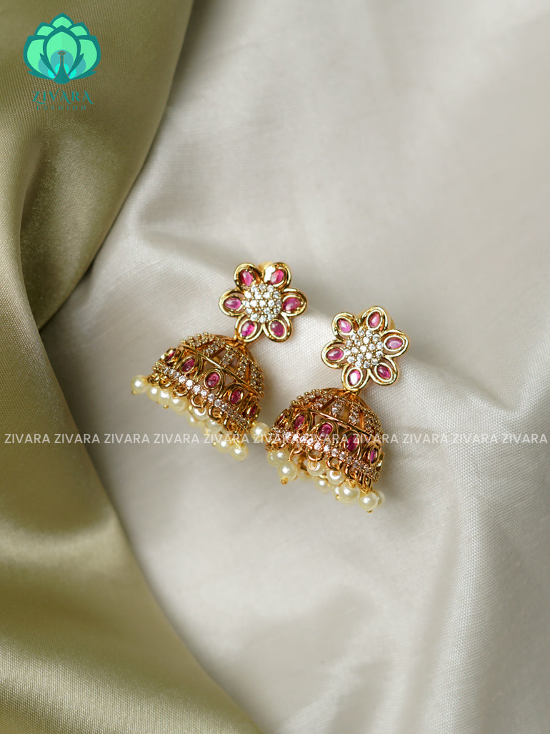 Ruby  flower stone  Medium sized - TRADITIONAL PREMIUM MATTE  polish JHUMKA- latest jewellery collection- zivara fashion