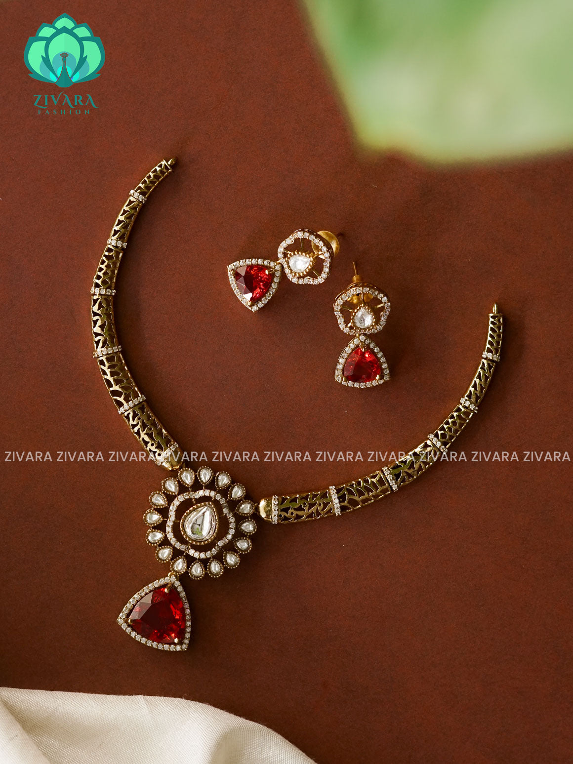 RUBY- TRIANGLE PENDANT HASLI - Traditional south indian premium neckwear with earrings- Zivara Fashion- latest jewellery desigN