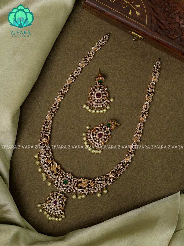 BRIDAL STONE PEACOCK  - Traditional PREMIUM MATTE polish haaram/neckwear with earrings- Zivara Fashion