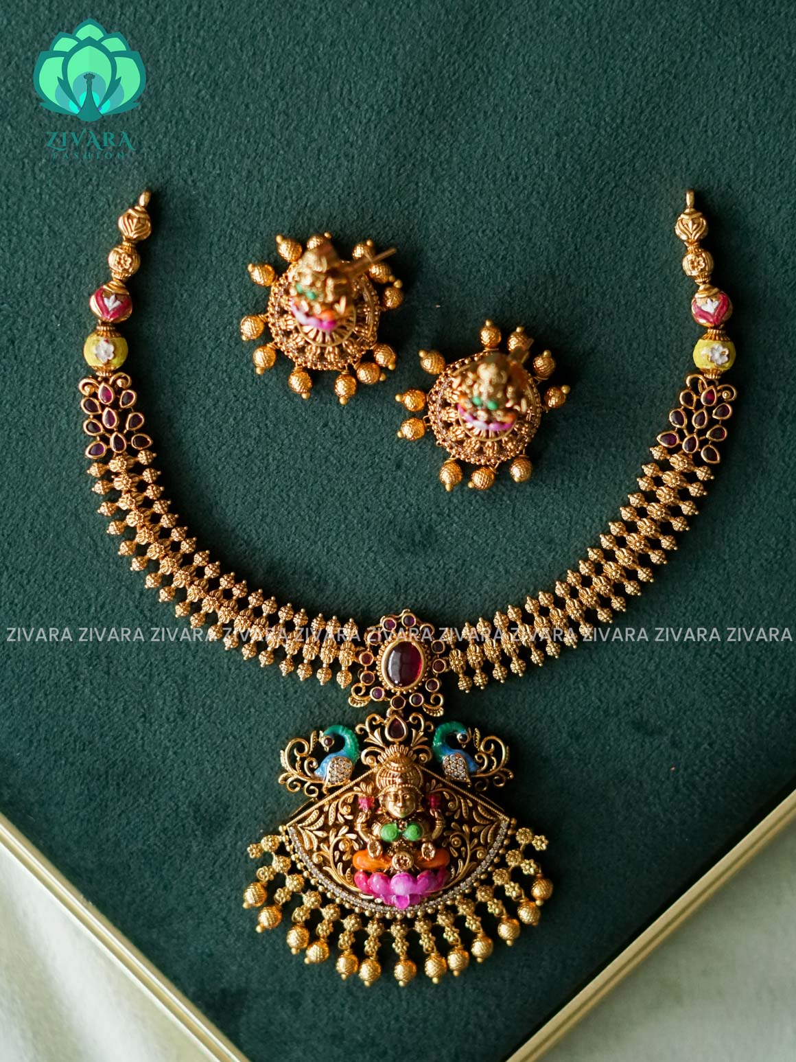 MADHURYA - RUBY  STONE LAKSHMI  VINTAGE FINISH  handpainted - Traditional south indian premium neckwear without earrings- Zivara Fashion- latest jewellery design