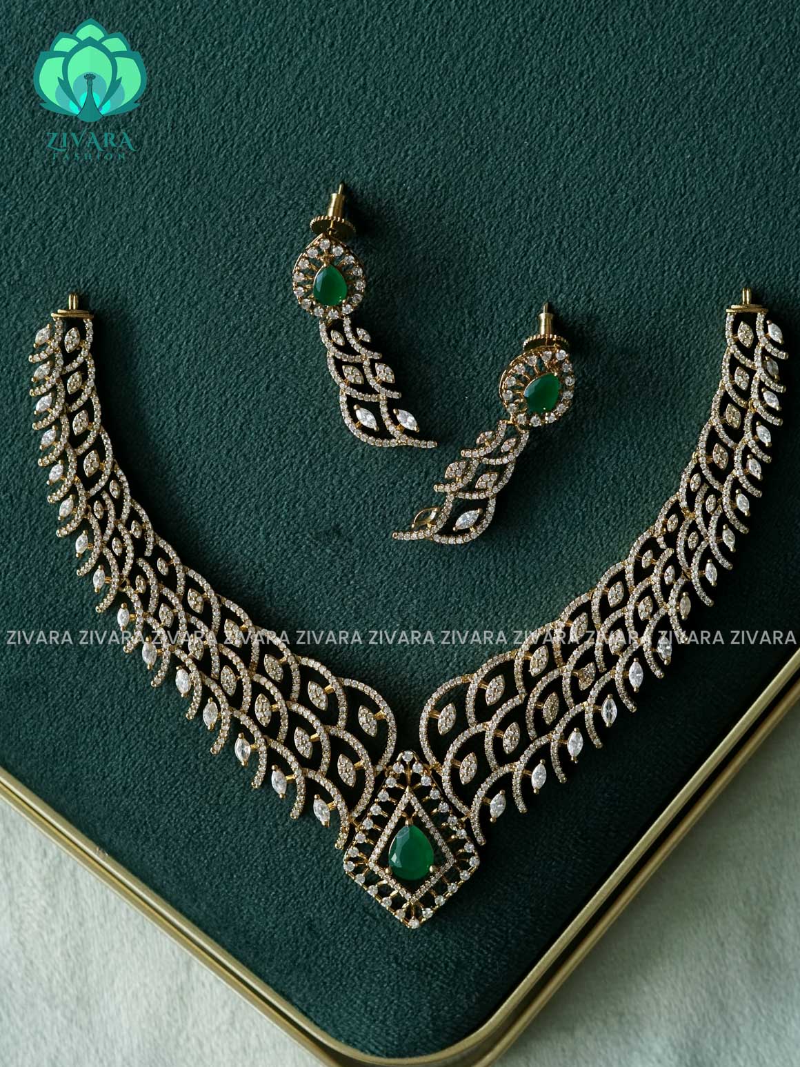 GREEN STONE BRIDAL NECKWEAR - stylish and minimal elegant neckwear with earrings- Zivara Fashion