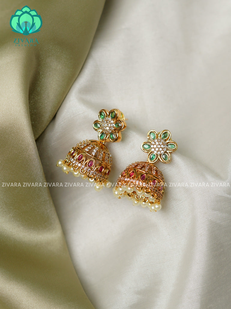 Green flower stone  Medium sized - TRADITIONAL PREMIUM MATTE  polish JHUMKA- latest jewellery collection- zivara fashion
