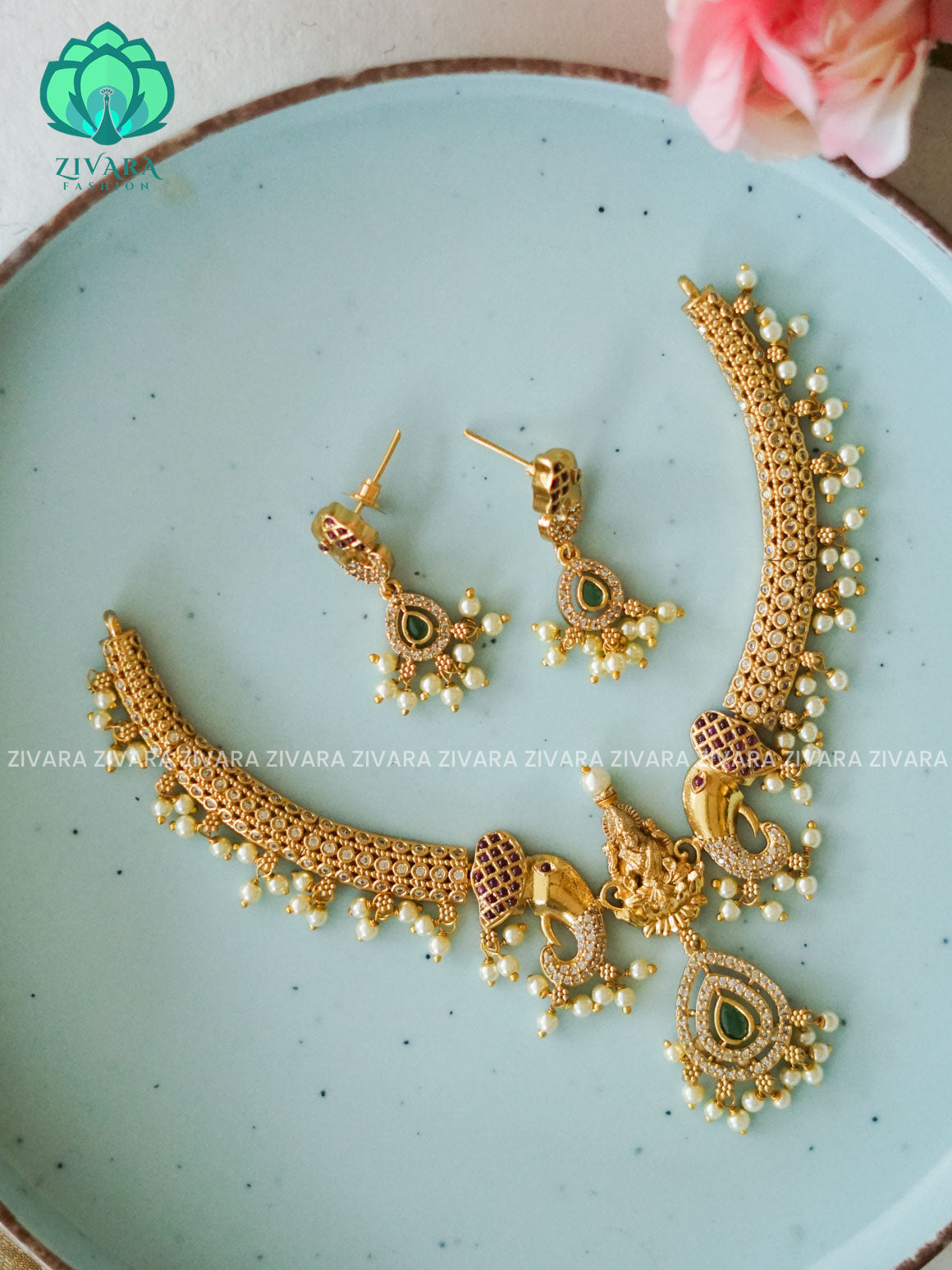 SMALL SIZE TEMPLE BRIDAL HASLI  NECK WEAR WITh EARRINGS   - Premium quality CZ Matte collection-south indian jewellery