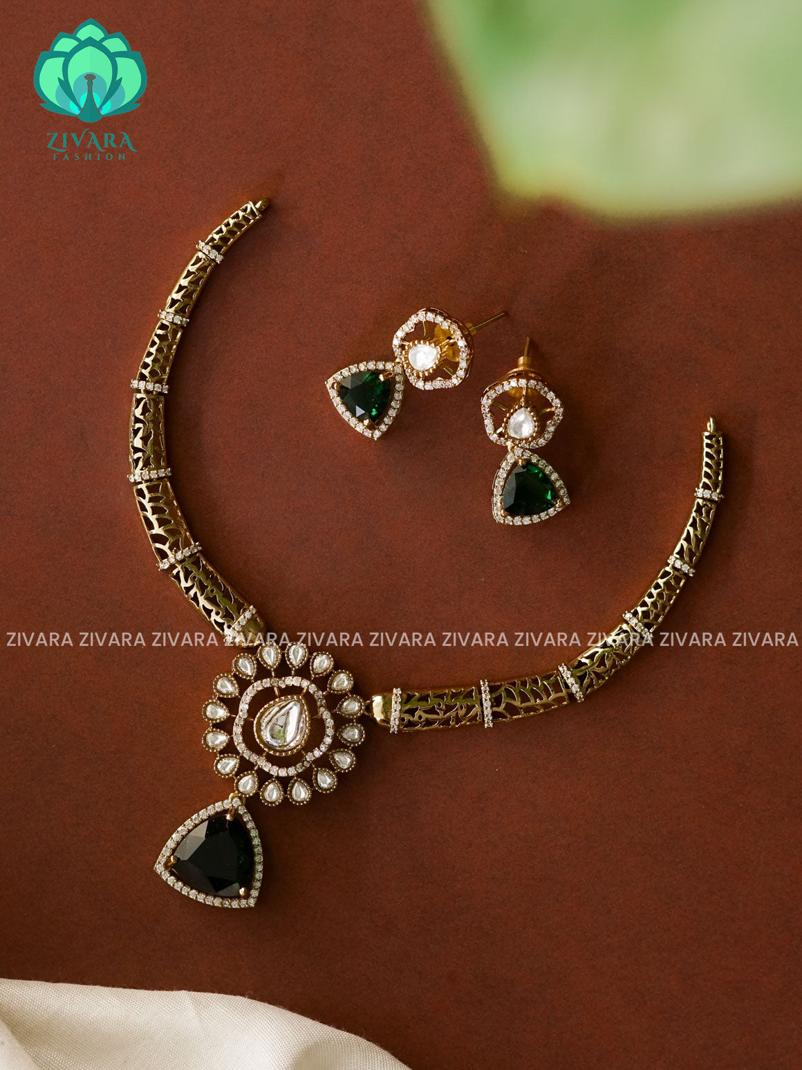 GREEN- TRIANGLE PENDANT HASLI - Traditional south indian premium neckwear with earrings- Zivara Fashion- latest jewellery desigN