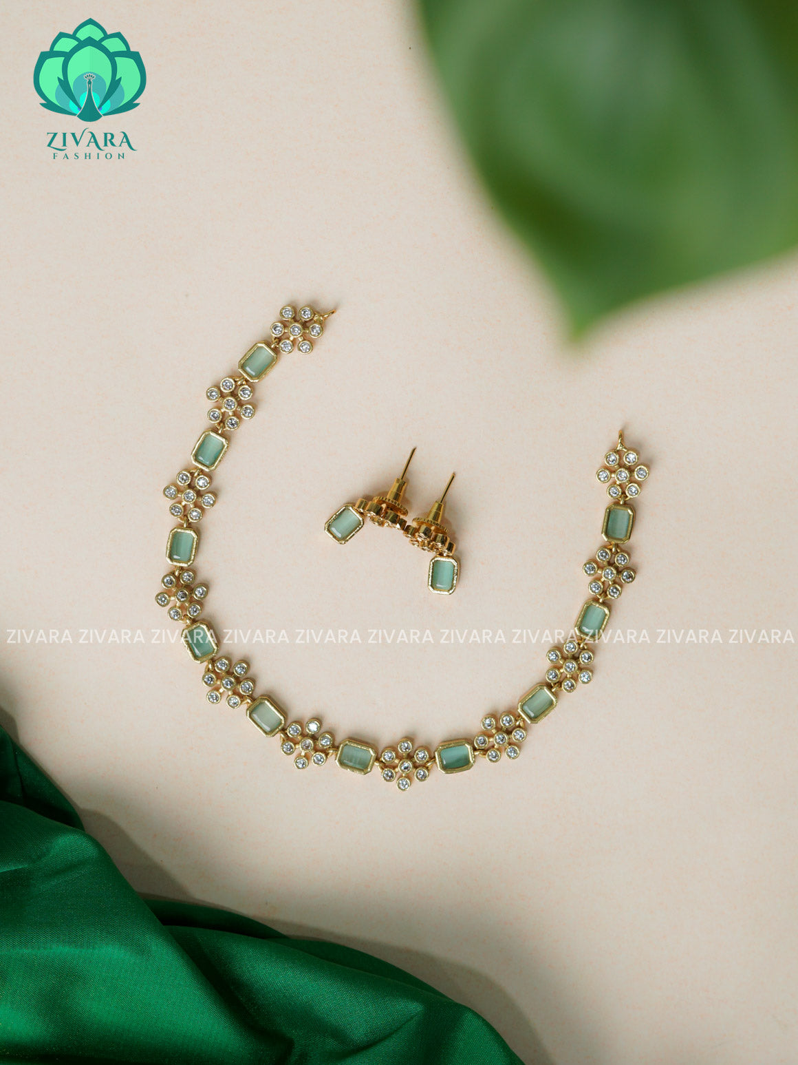 PASTEL GREEN - MOTIF FREE- stylish and minimal elegant neckwear with earrings- Zivara Fashion