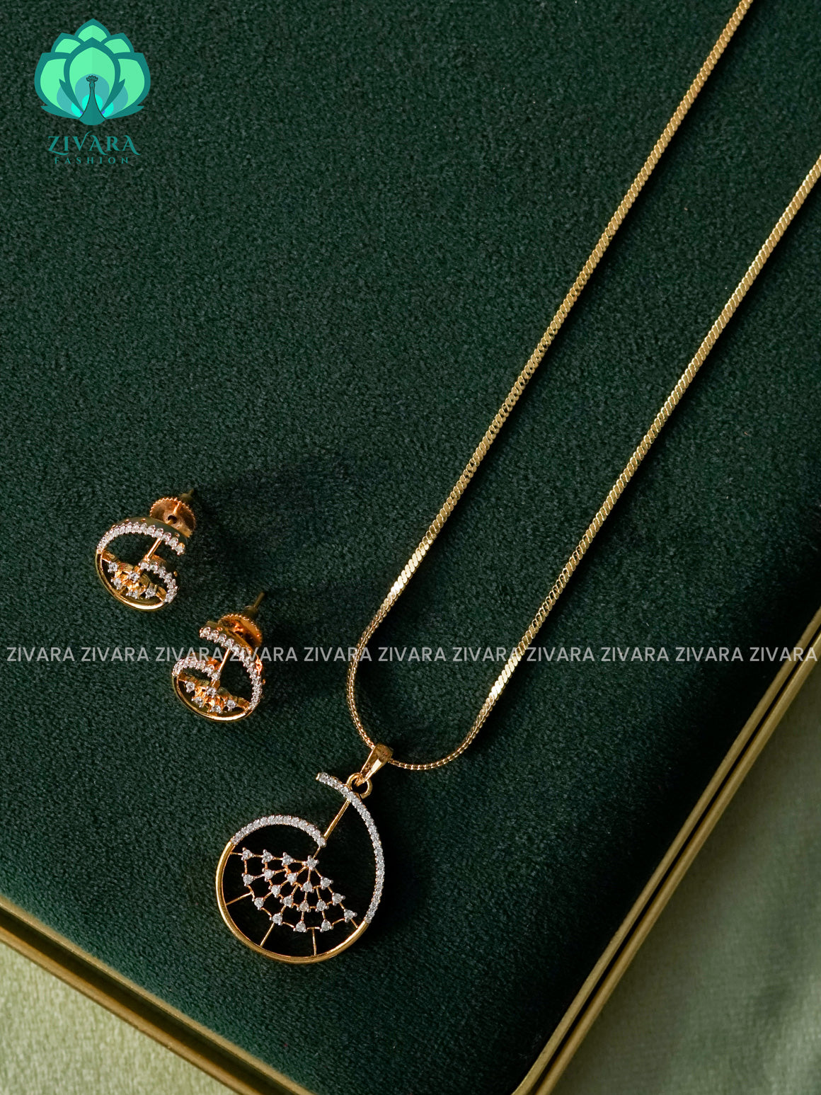 Zyra- Diamond replica Gold polish-pendant set and earrings  -Trending office wear jewellery-Zivara fashion