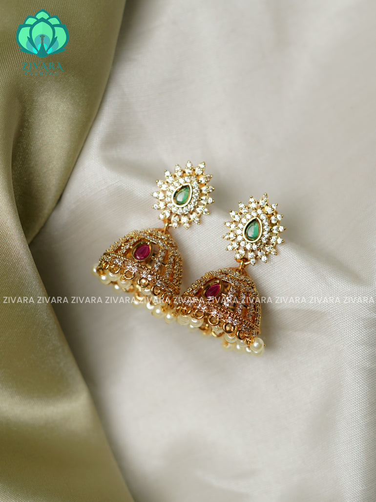 Ruby and green stone  Medium sized - TRADITIONAL PREMIUM MATTE  polish JHUMKA- latest jewellery collection- zivara fashion