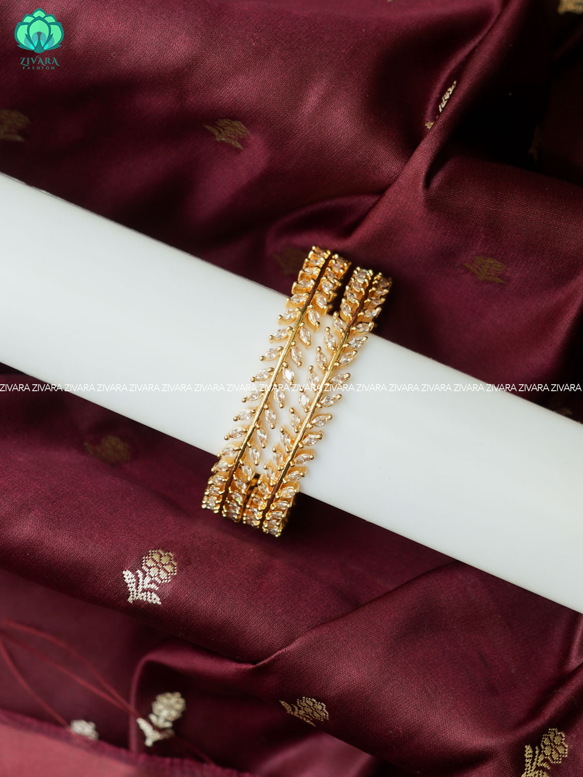 2 piece white stone leaf gold polish bangles  - Premium quality daily use bangles - Zivara fashion
