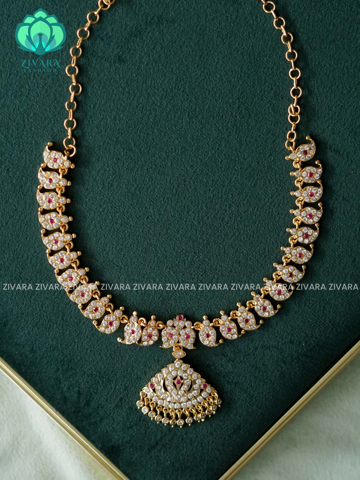 AMBIGAI-WHITE RUBY STONE MANGO MOTIF   MICROGOLD POLISH ATTIGAI - Zivara Fashion- latest jewellery design