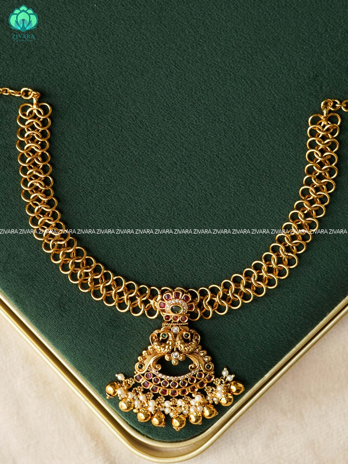PEACOCK link tybe neckwear with gold beads hangings - Zivara Fashion