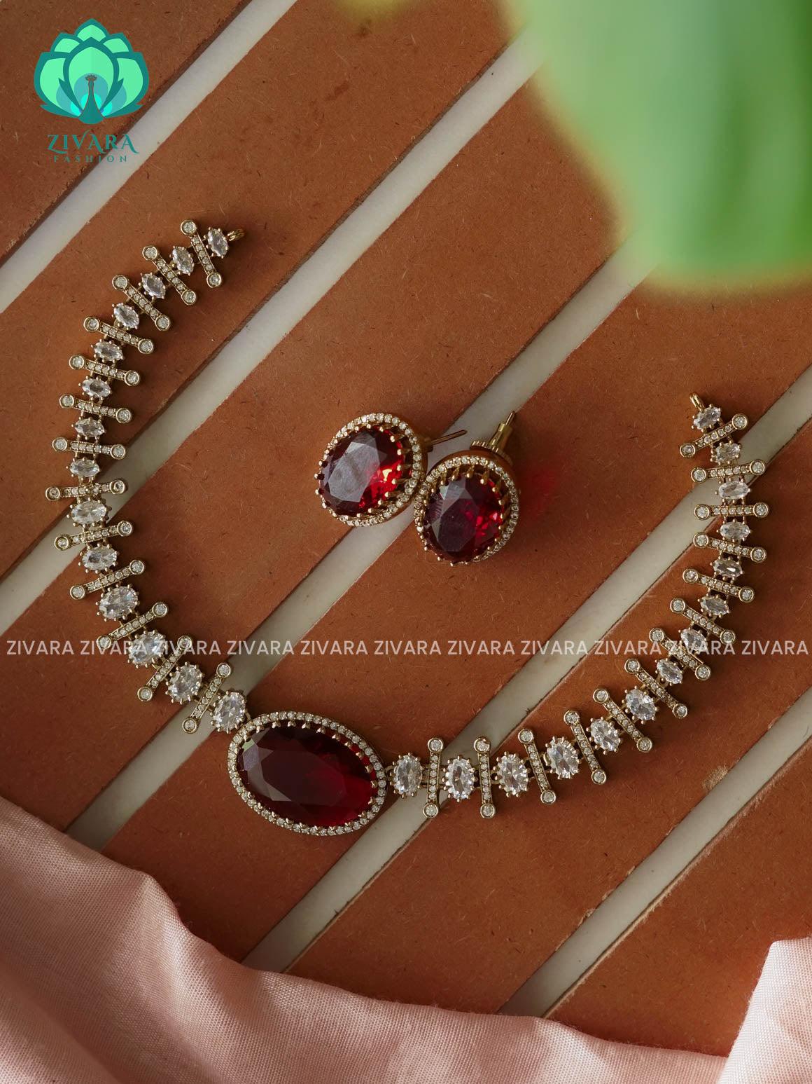 RUBY - OVAL STONE ELEGANT  -PREMIUM SUBTLE GOLD FINISH  stylish and minimal elegant neckwear with earrings- Zivara Fashion