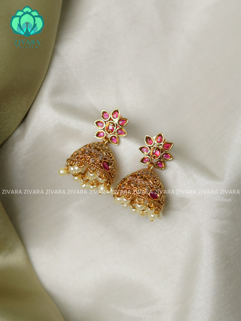 ruby Ad stone  Medium sized - TRADITIONAL PREMIUM MATTE  polish JHUMKA- latest jewellery collection- zivara fashion