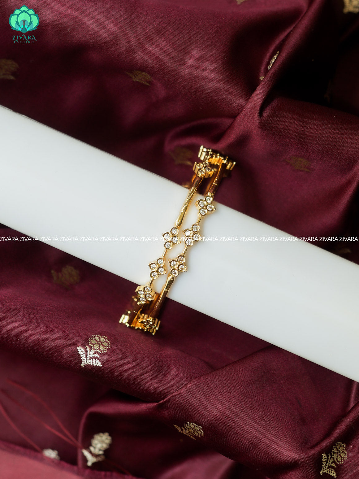 2 piece white stone motif gold polish bangles  - Premium quality daily use bangles - Zivara fashion