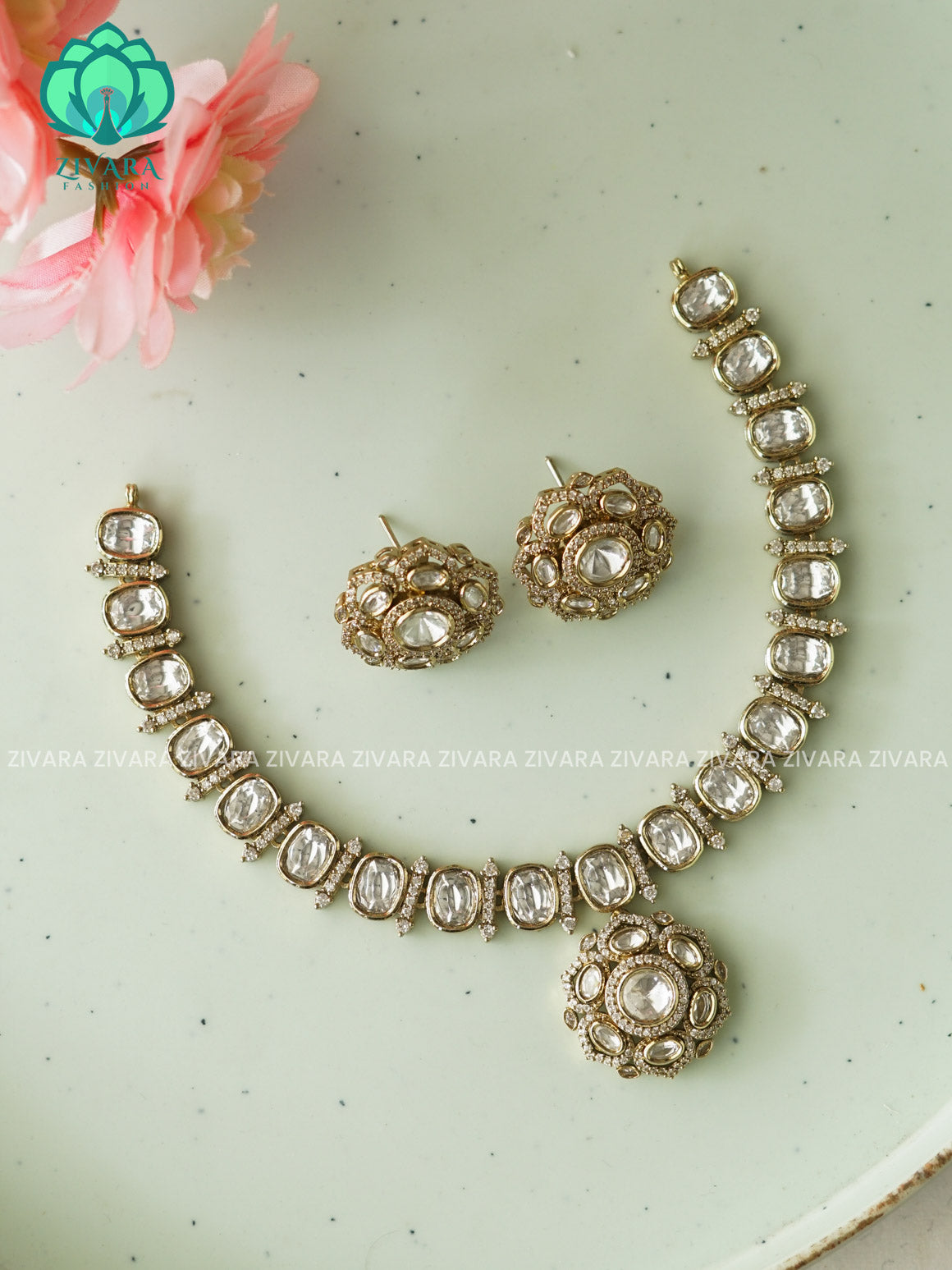 WHITE STONE FLOWER   - SUBTLE GOLD POLISH stylish and minimal elegant neckwear with earrings- Zivara FashioN