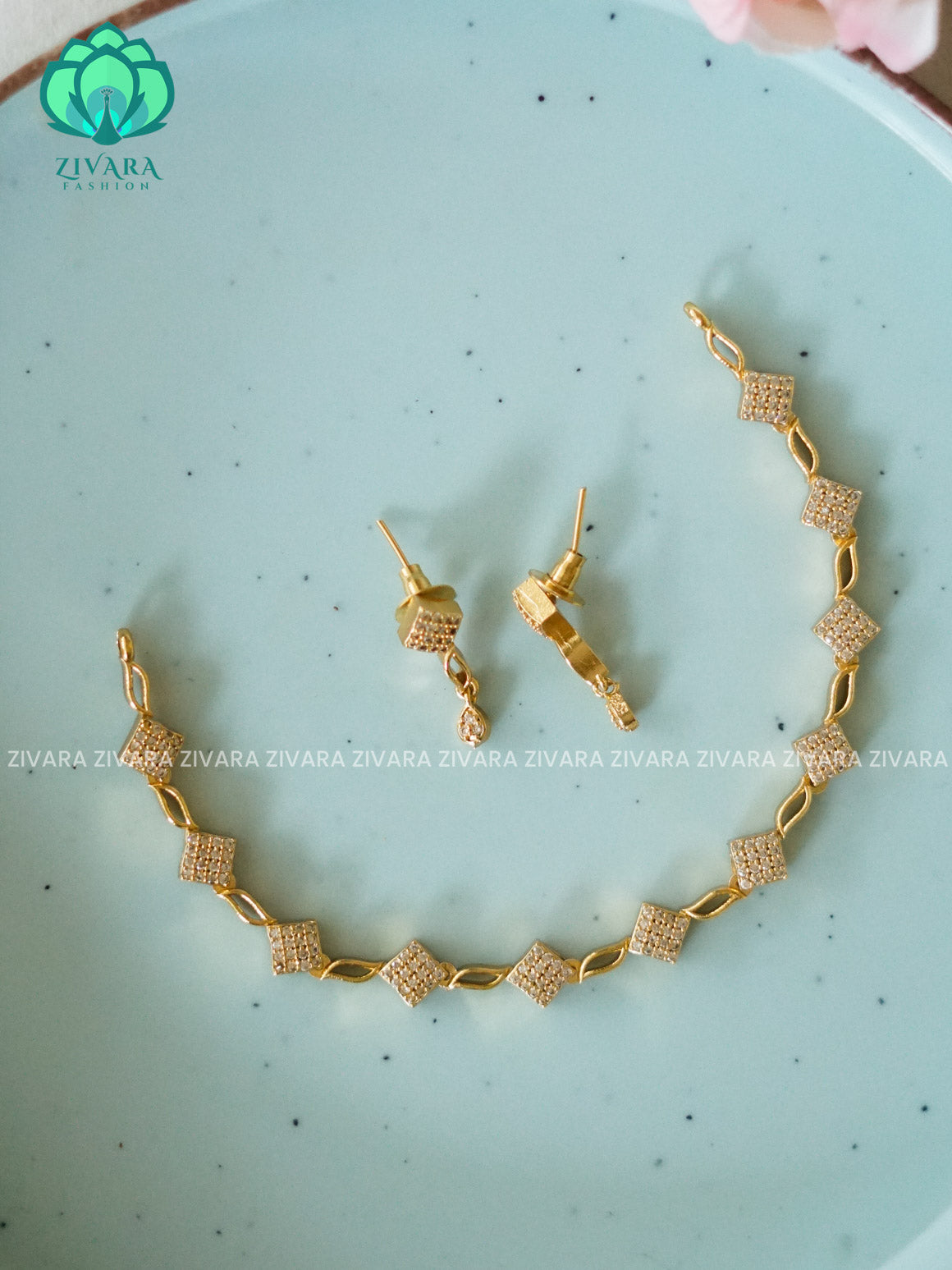White - square motif - stylish and minimal elegant neckwear with earrings- Zivara Fashion