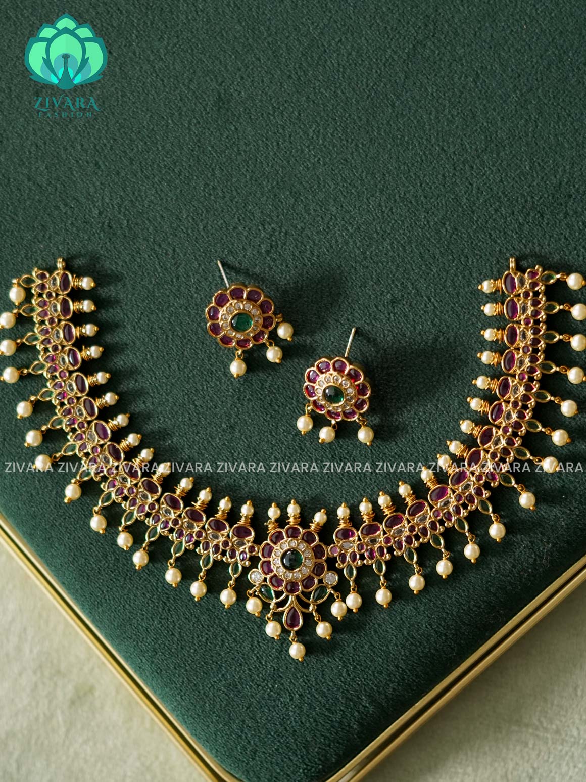 REAL KEMP FLOWER PENDANT  - FLEXIBLE CHAIN WITH HANGING -Traditional south indian premium neckwear with earrings- Zivara Fashion- latest jewellery design