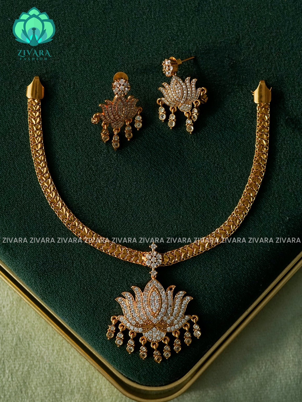 Lotus pendant with flexible chain  -  Traditional south indian premium neckwear with earrings- Zivara Fashion- latest jewellery design