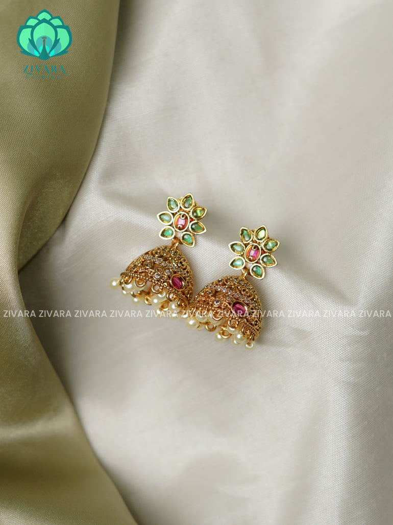 Green Ad stone  Medium sized - TRADITIONAL PREMIUM MATTE  polish JHUMKA- latest jewellery collection- zivara fashion