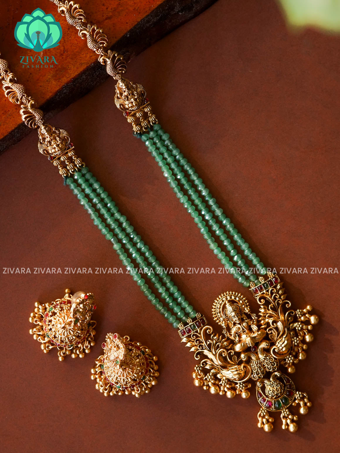 GREEN BEADS - Traditional NORMAL  MATTE polish MIDCHEST haaram/neckwear with earrings- Zivara Fashion