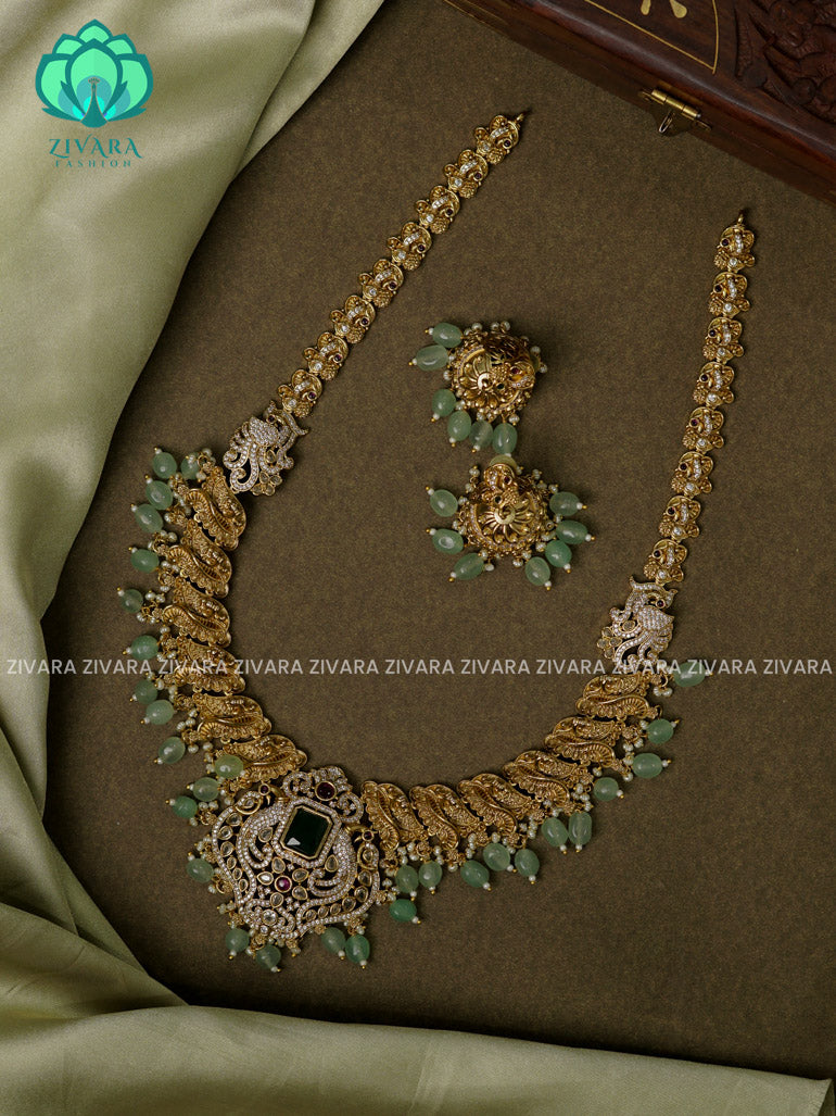 PASTEL GREEN BRIDAL   - Traditional PREMIUM MATTE polish haaram/neckwear with earrings- Zivara Fashion