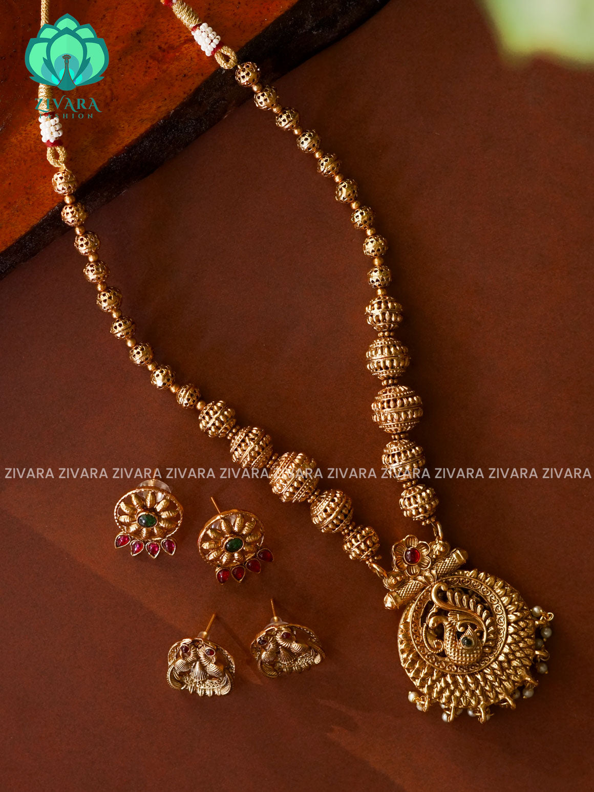 DOUBLE SIDE PENDANT  BALL CHAIN - Traditional NORMAL MATTE polish MIDCHEST haaram/neckwear with earrings- Zivara Fashion