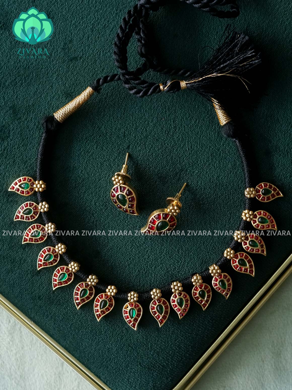 BLACK ROPE REAL KEMP  MANGA PENDANT - Traditional PREMIUM MATTE polish neckwear with earrings- Zivara Fashion