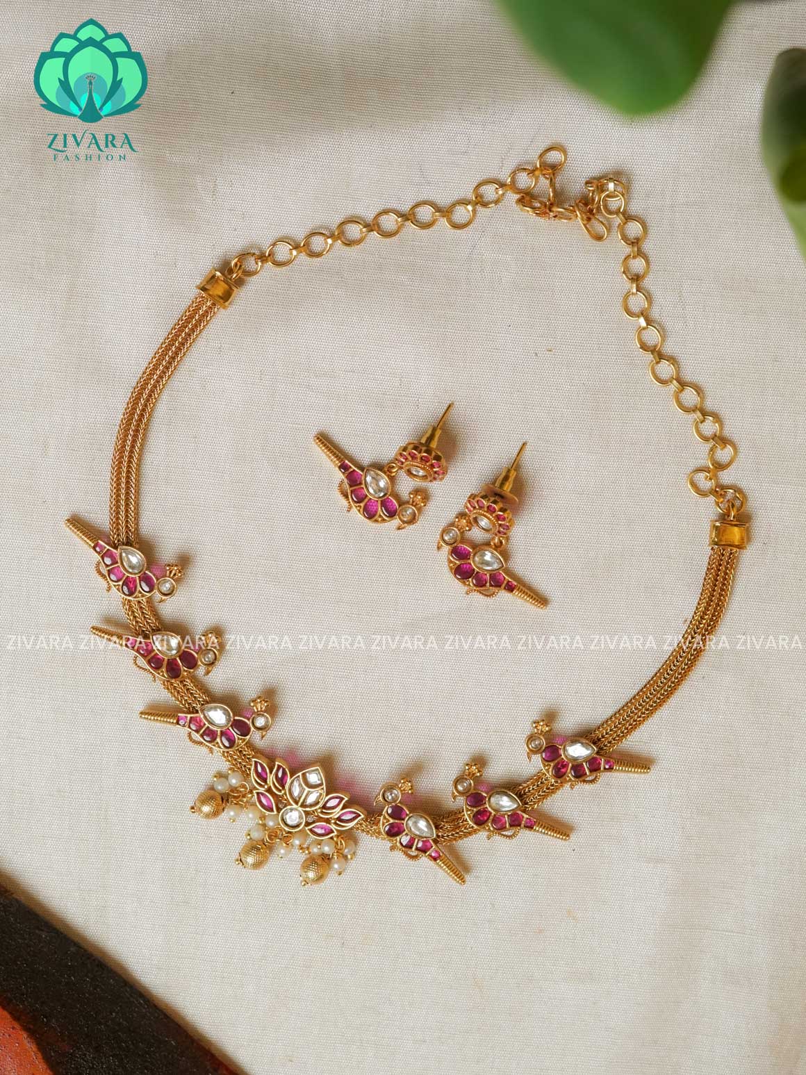 LOTUS AND PARROT - FLEXIBLE CHAIN  PENDANT  -Traditional south indian premium neckwear with earrings- Zivara Fashion- latest jewellery design.