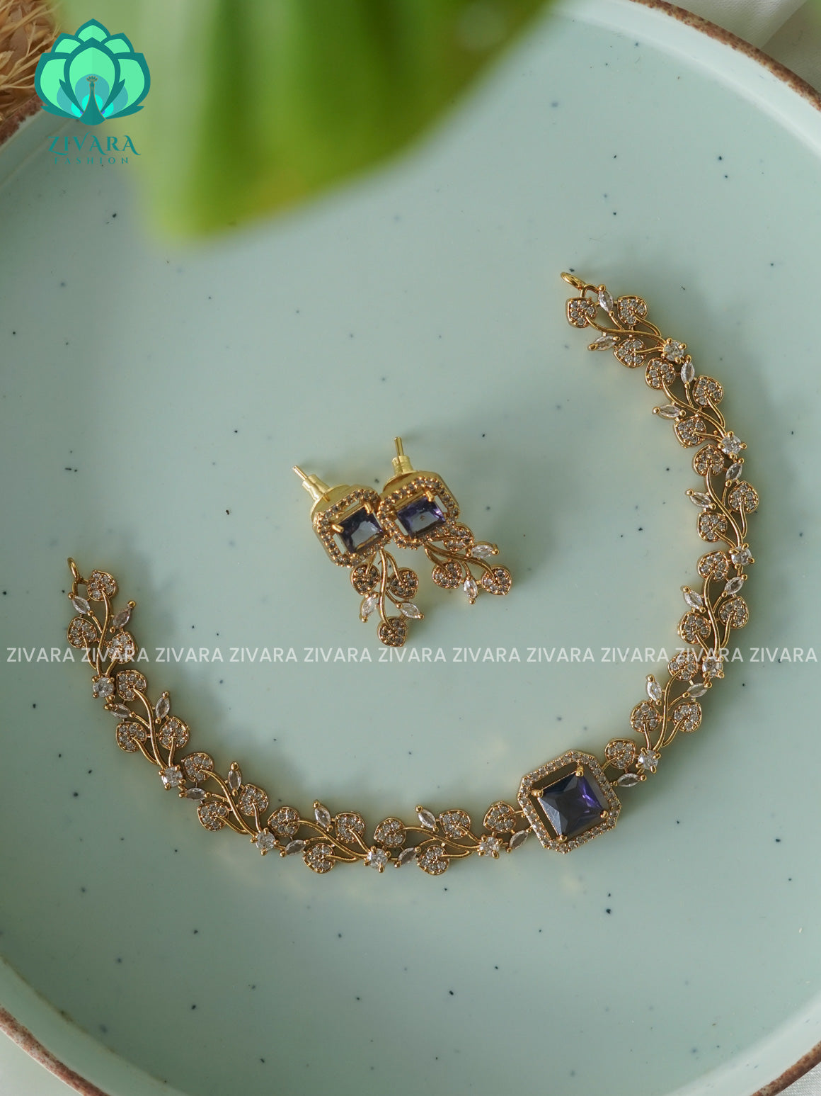 Purple - Square stone leafy   - PREMIUM SUBTLE GOLD FINISH stylish and minimal elegant neckwear with earrings- Zivara Fashion