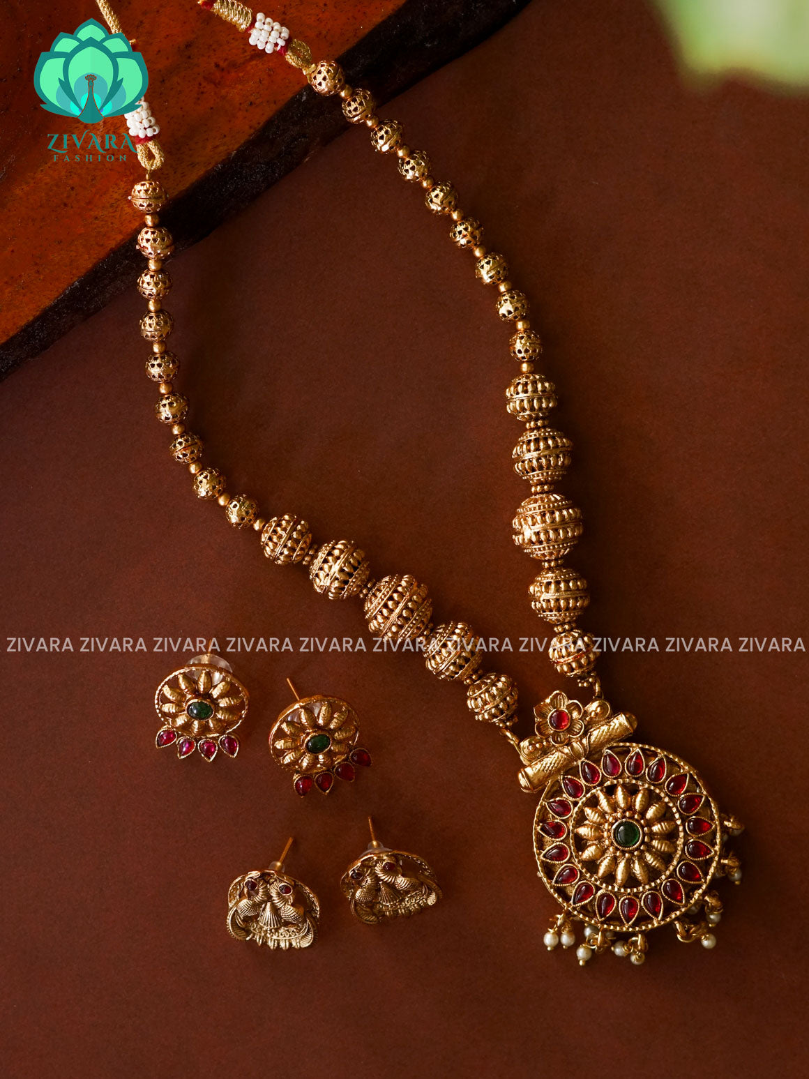 DOUBLE SIDE PENDANT  BALL CHAIN - Traditional NORMAL MATTE polish MIDCHEST haaram/neckwear with earrings- Zivara Fashion