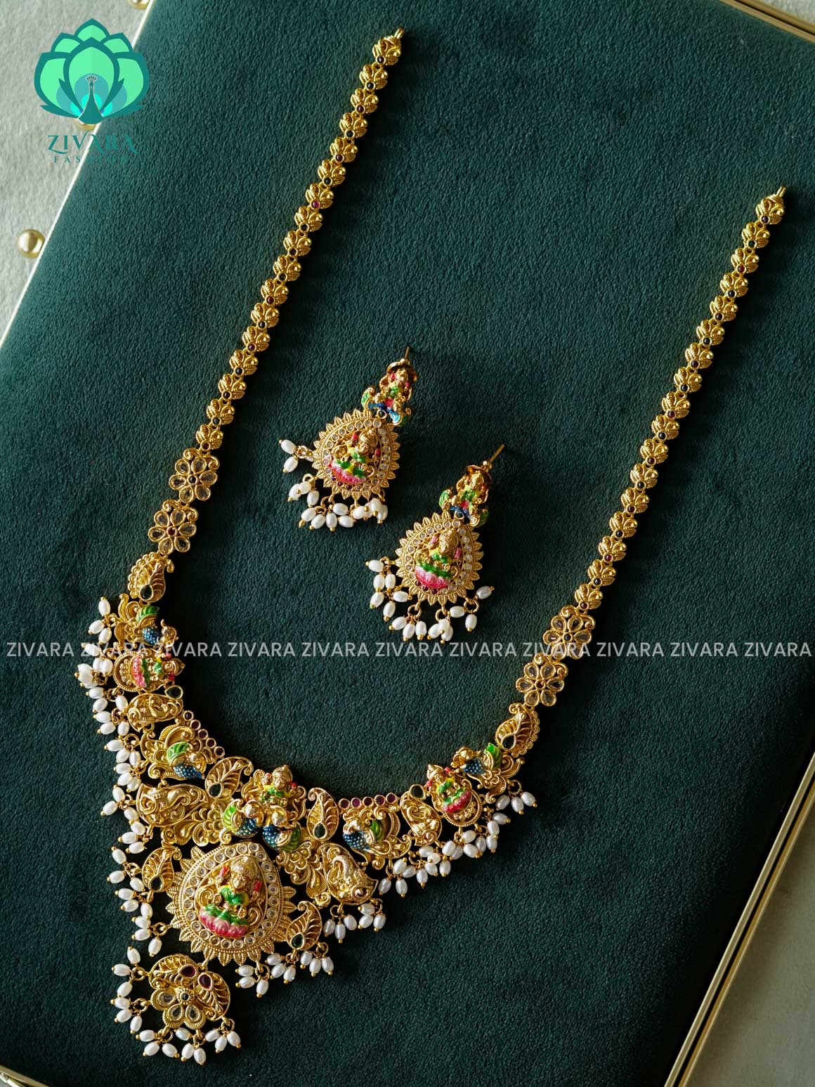 MADHURYA -  GRAND BRIDAL LAKSHMI VINTAGE FINISH handpainted HAARAM/MIDCHEST - Traditional south indian premium neckwear with earrings- Zivara Fashion