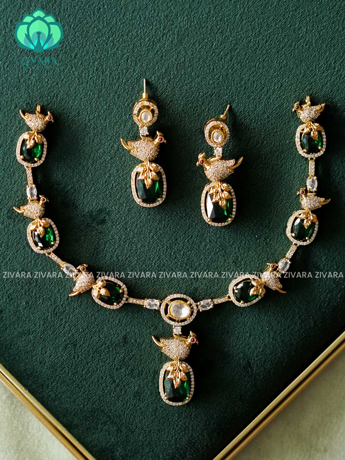 GREEN-CUTE PARROT NECK WEAR WITH EARRINGS   - Premium quality CZ Matte collection-south indian jewellery
