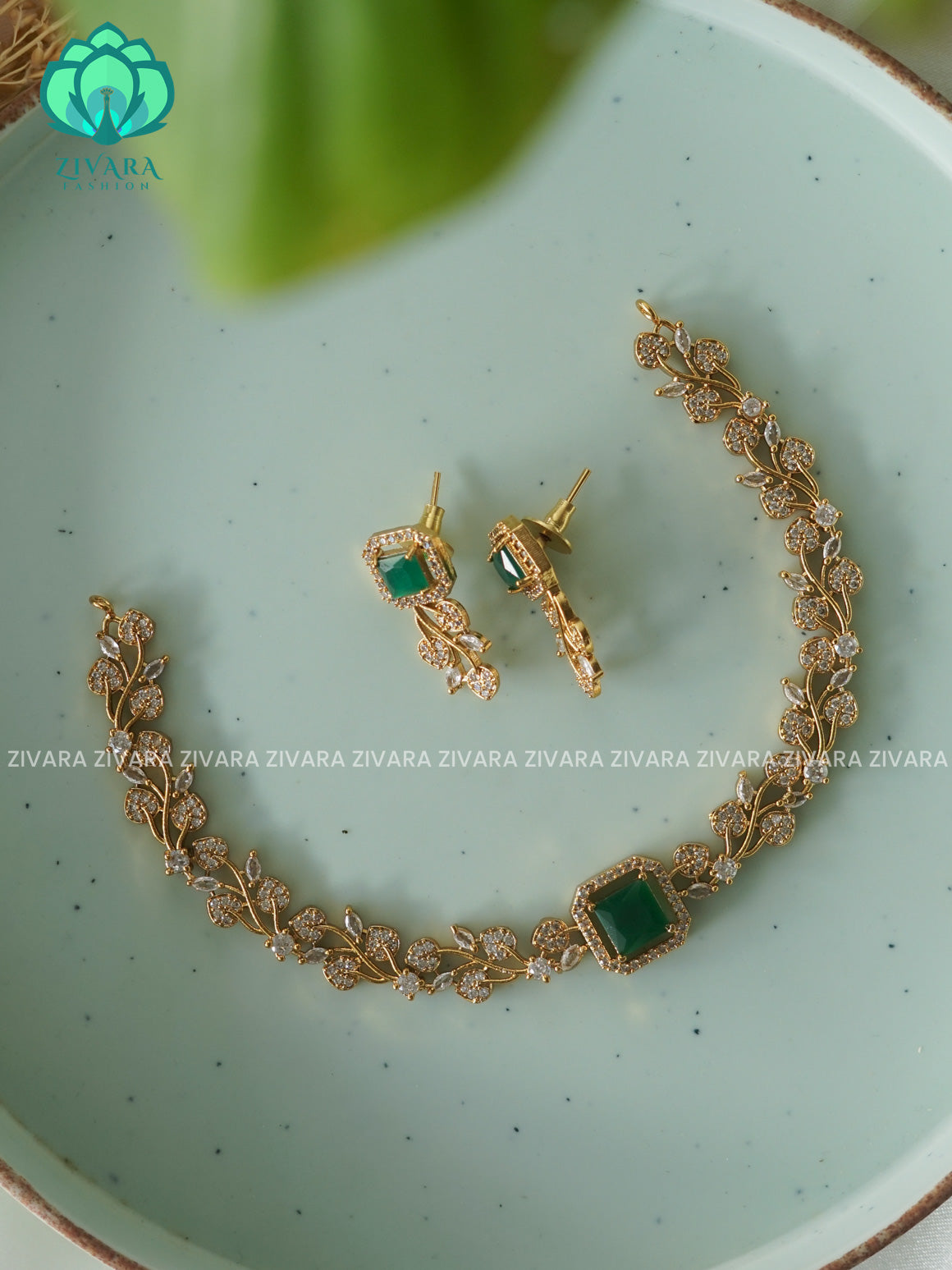Green - Square stone leafy   - PREMIUM SUBTLE GOLD FINISH stylish and minimal elegant neckwear with earrings- Zivara Fashion