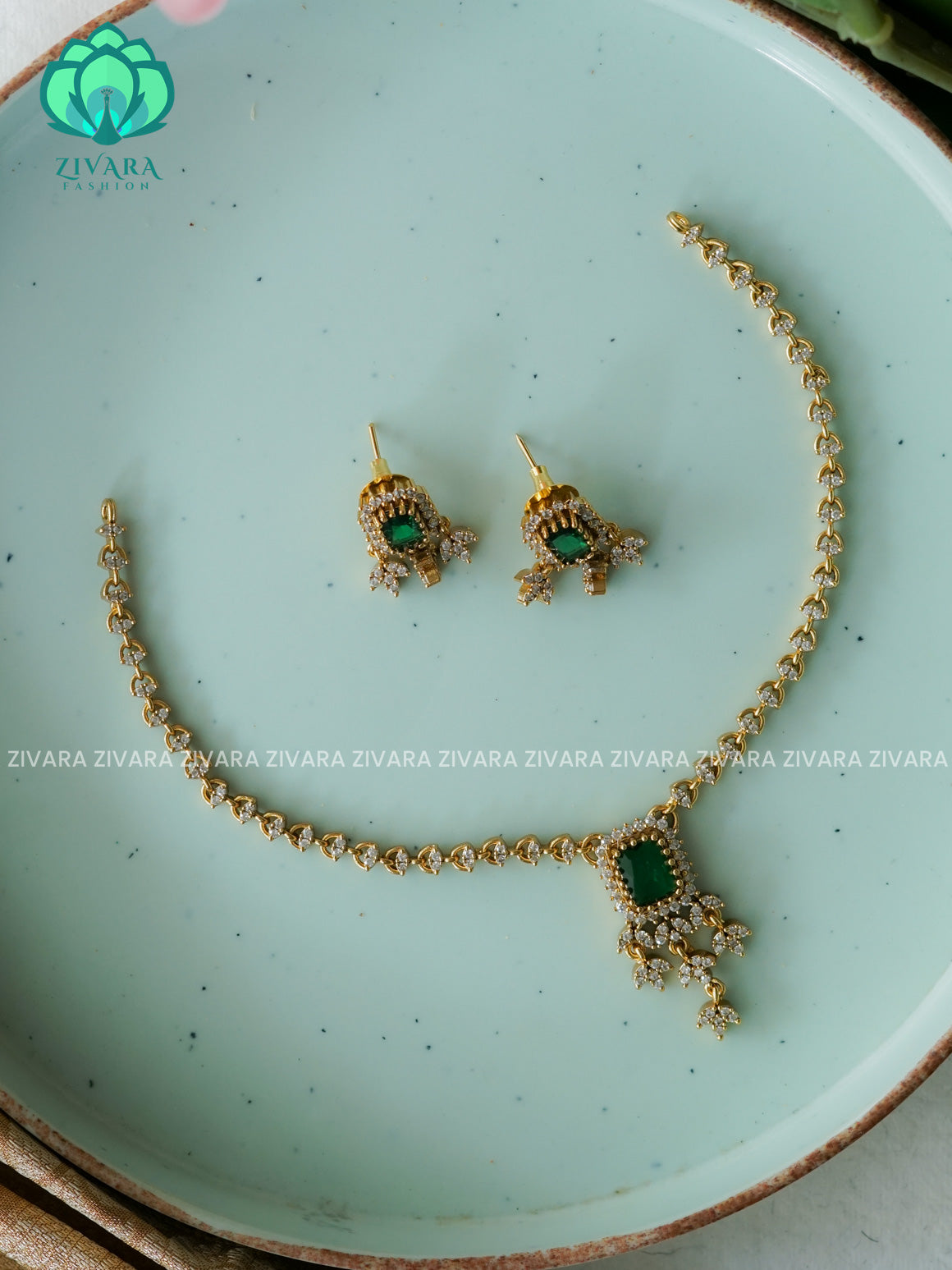 GREEN SMALL SIZE  -PREMIUM SUBTLE GOLD FINISH  stylish and minimal elegant neckwear with earrings- Zivara FashioN