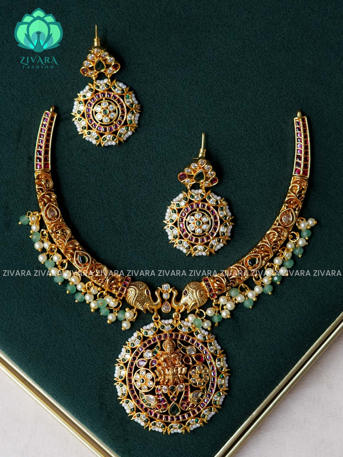 AKSHAYAM - REAL KEMP BRIDAL HASLI  neckwear with earrings- Zivara Fashion