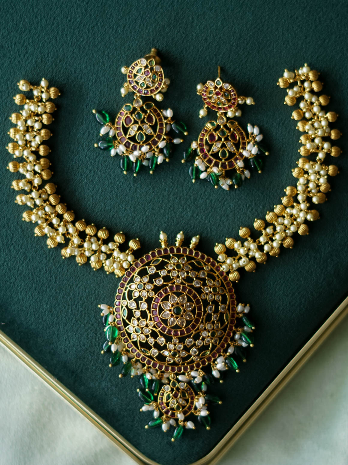 Bridal real kemp stone with green beads-Traditional south indian premium neckwear with earrings- Zivara Fashion- latest jewellery design.