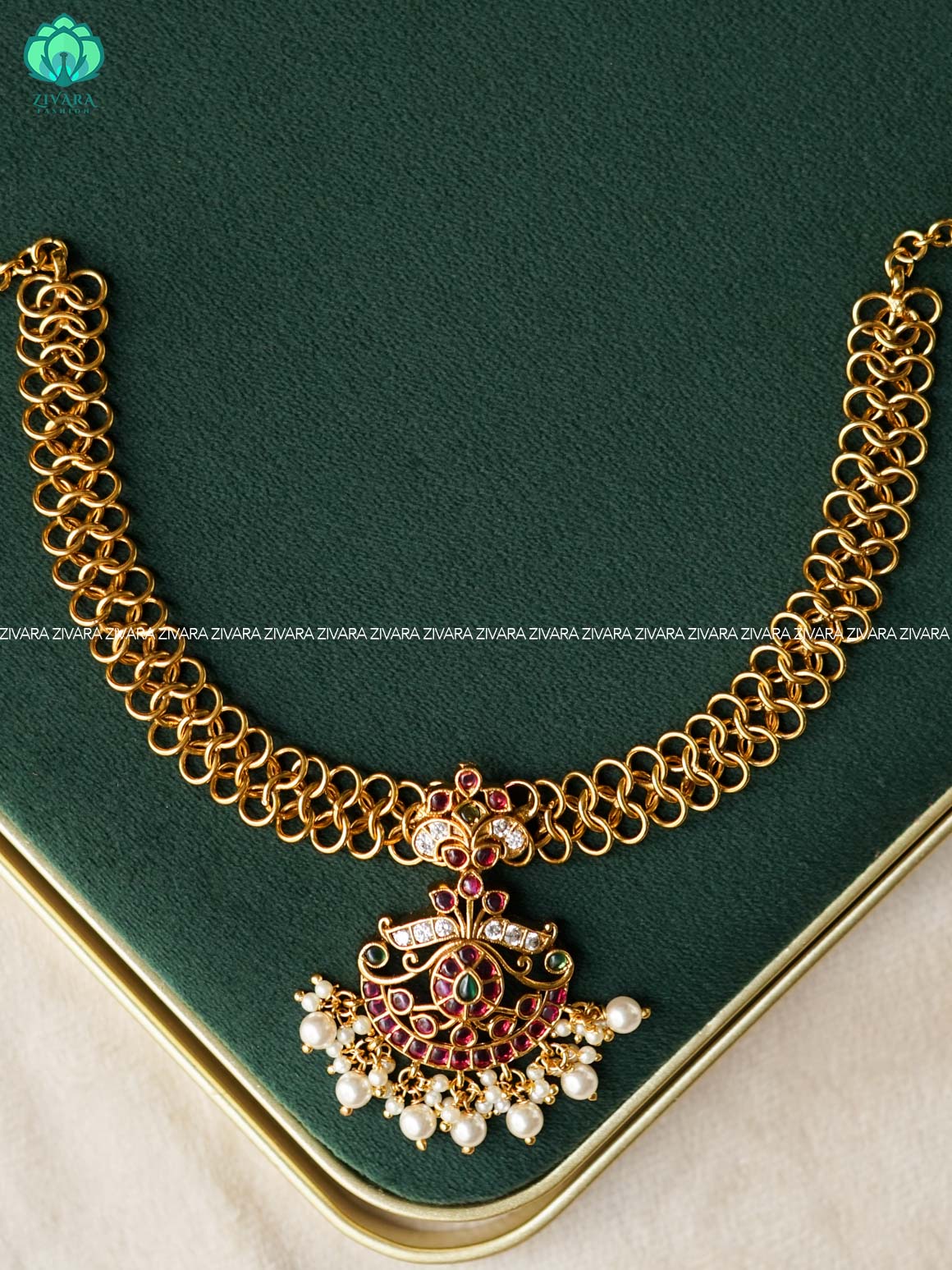 REAL KEMP FLORAL link tybe neckwear with white beads hangings - Zivara Fashion