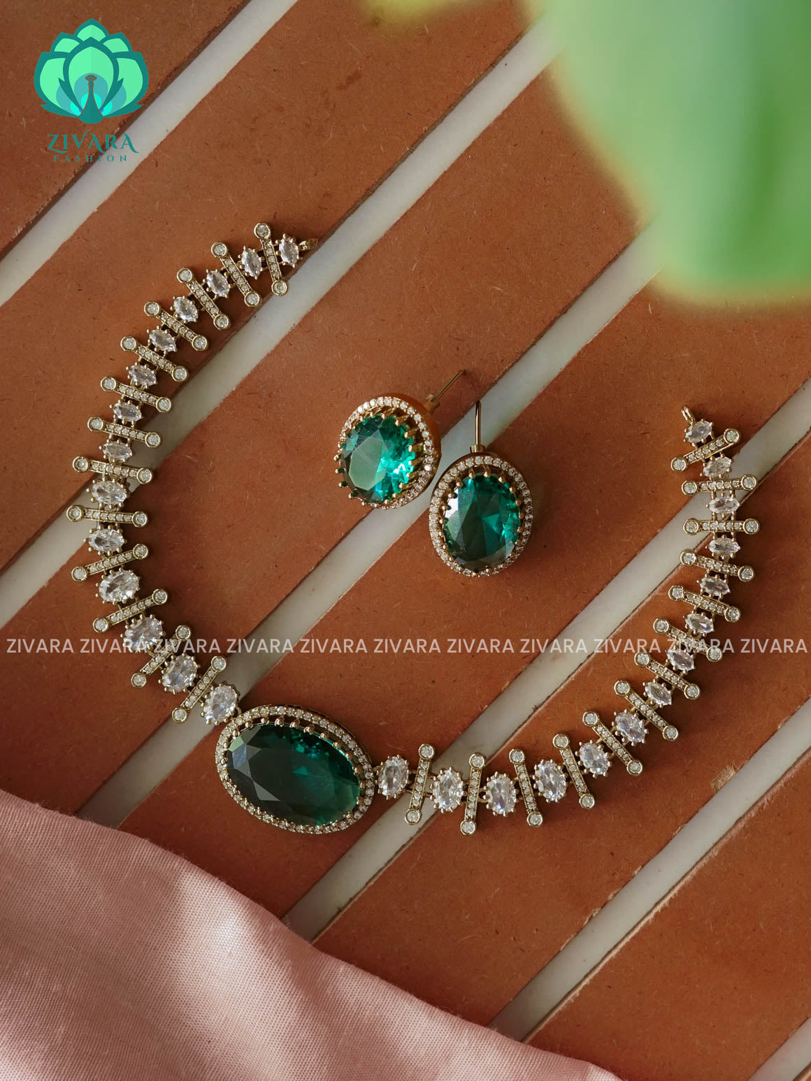 TURQUOISE GREEN - OVAL STONE ELEGANT  -PREMIUM SUBTLE GOLD FINISH  stylish and minimal elegant neckwear with earrings- Zivara Fashion