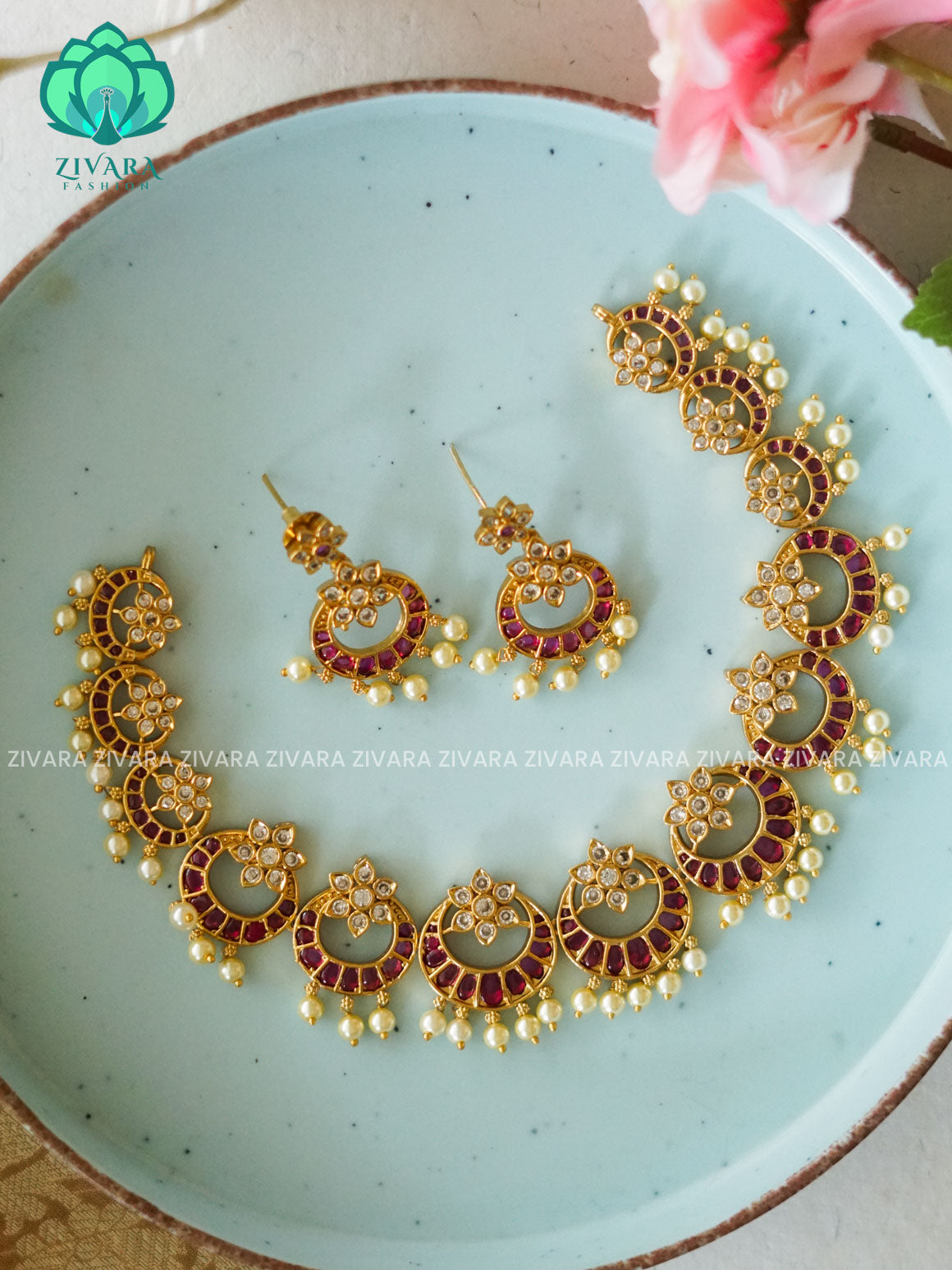 Ruby- Bridal real kemp stone moon -Traditional south indian premium neckwear with earrings- Zivara Fashion- latest jewellery design