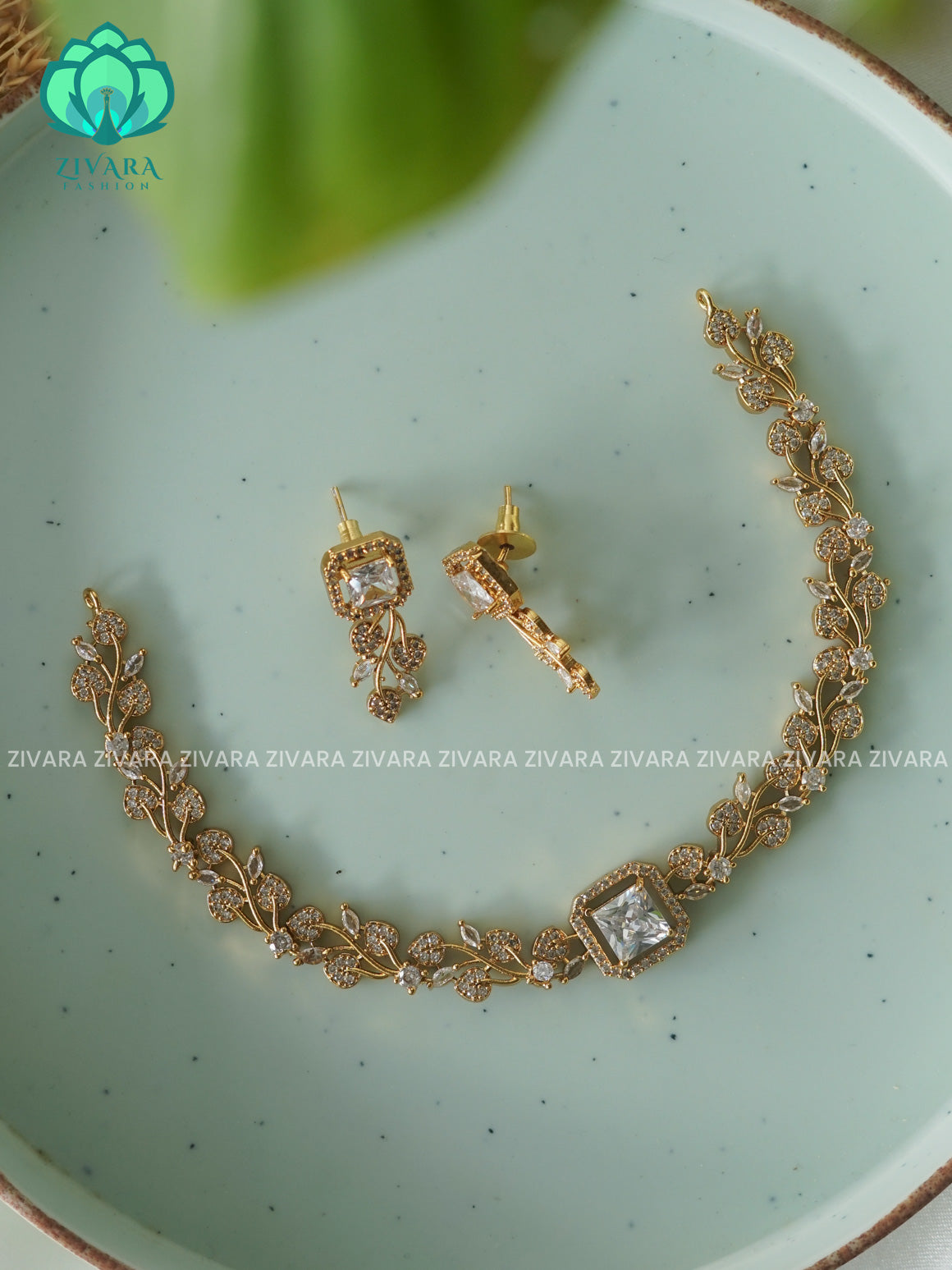 White - Square stone leafy   - PREMIUM SUBTLE GOLD FINISH stylish and minimal elegant neckwear with earrings- Zivara Fashion