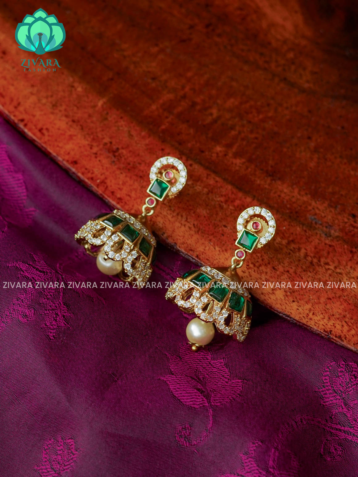 Green stone   Medium sized - TRADITIONAL PREMIUM MATTE  polish JHUMKA- latest jewellery collection- zivara fashion