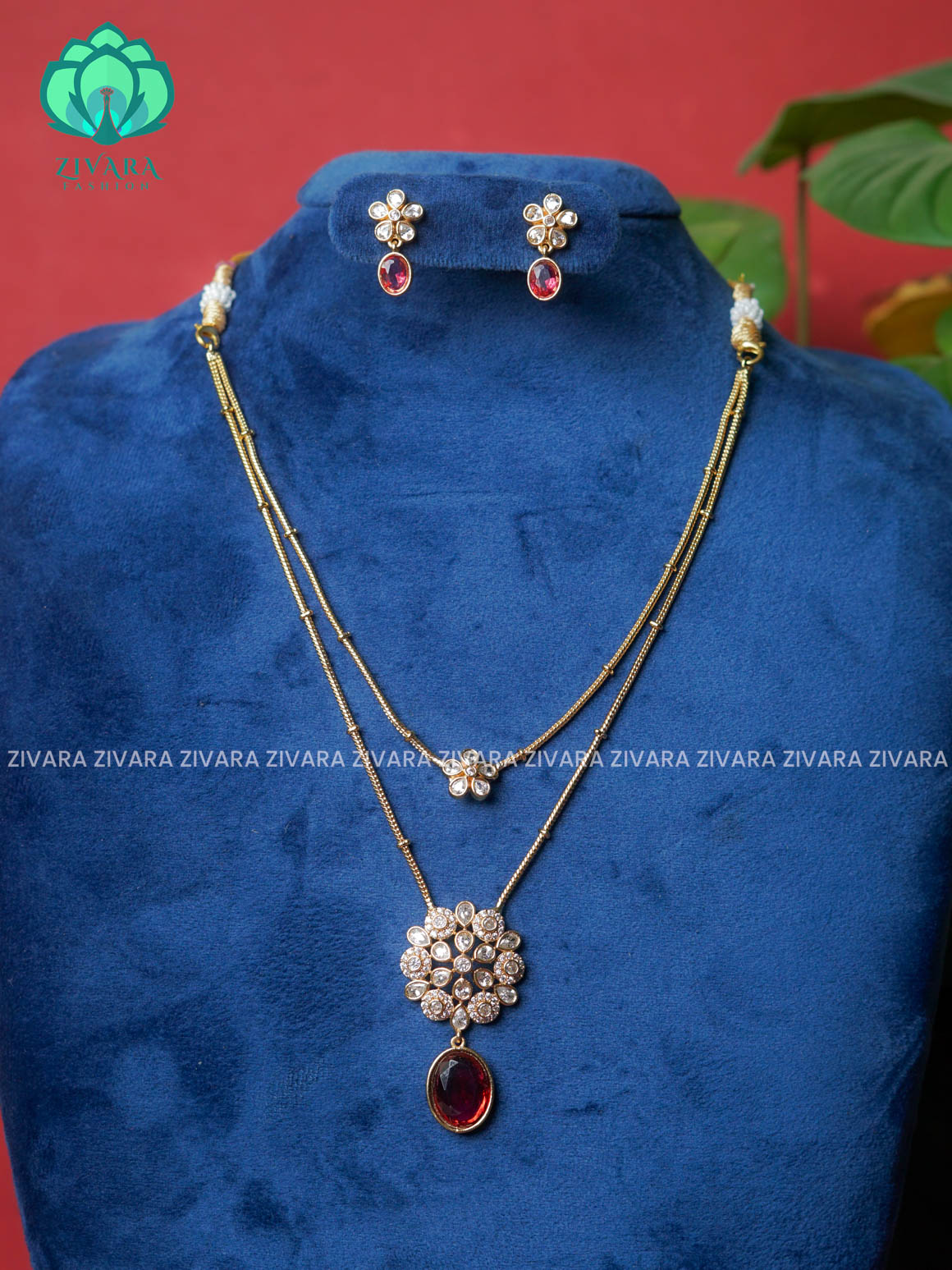 Ruby -Layered colour stone and flower pendant  - stylish and minimal elegant neckwear with earrings- Zivara Fashion