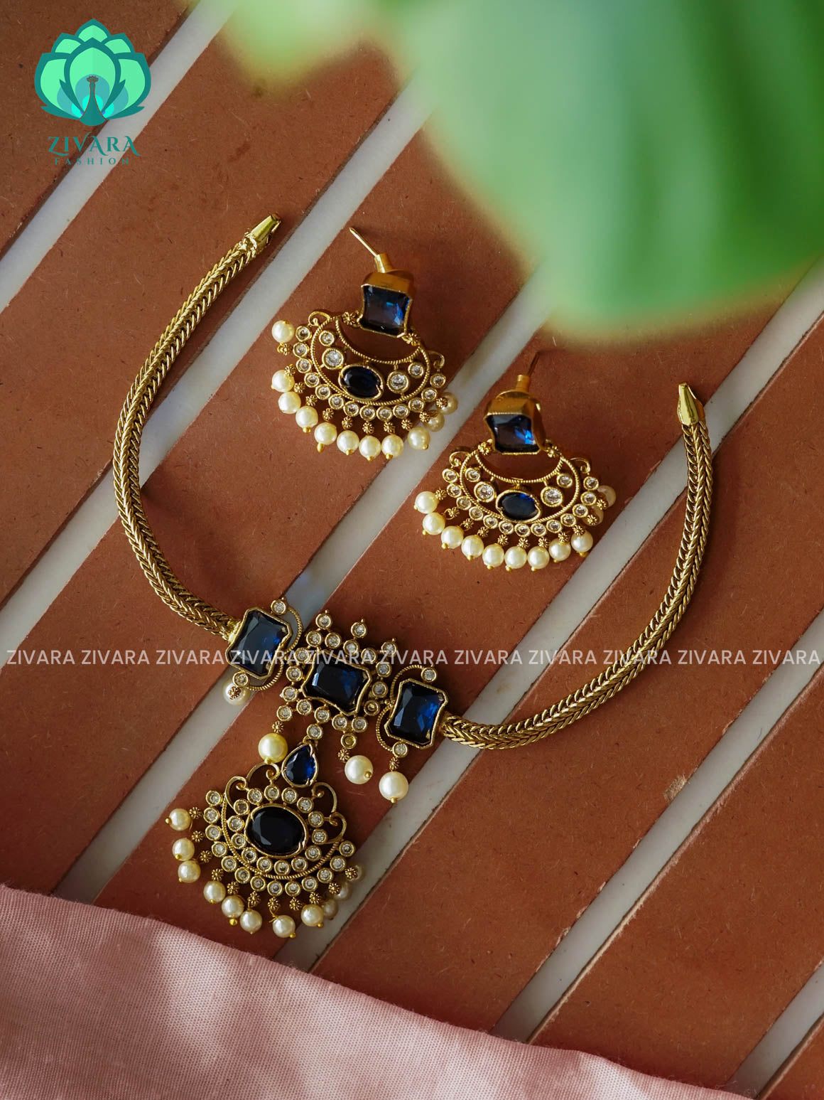 BLUE -  Flexible chain and STONE  pendant -Traditional south indian premium neckwear with earrings- Zivara Fashion- latest jewellery design