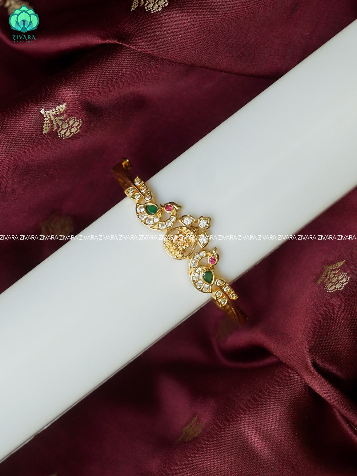 1 piece PEACOCK WITH TEMPLE KADA - Premium gold FINISH free size open type kada bangle- latest jewellery collection- Zivara Fashion