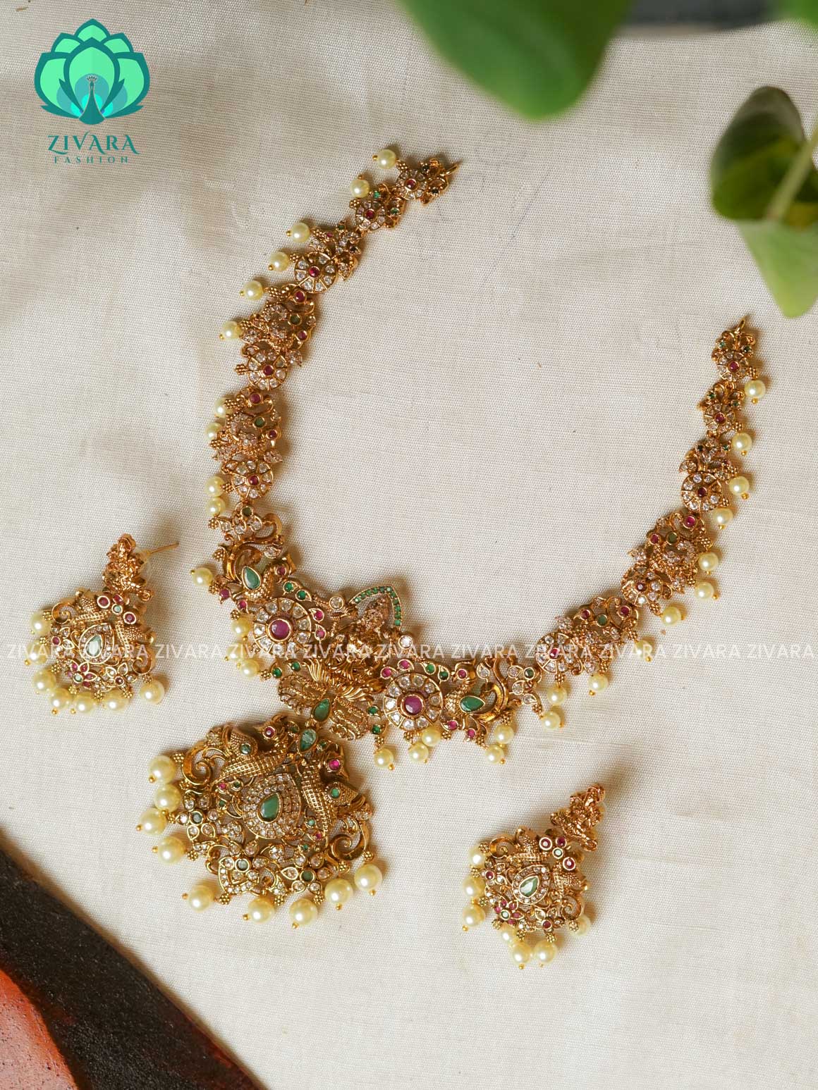 BRIDAL TEMPLE STONE  NECKLACE -Traditional south indian premium neckwear with earrings- Zivara Fashion- latest jewellery design